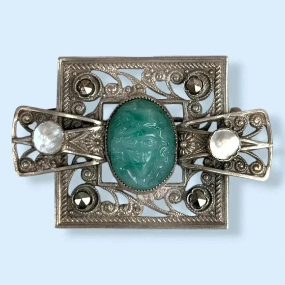Jewelry - Antique MOP Marcasite & Molded Art Glass Brooch